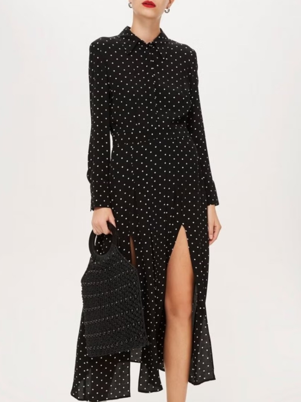 Topshop Tall Black Polka Dot Long Sleeve Shirt Dress with Double Leg Slit (L)